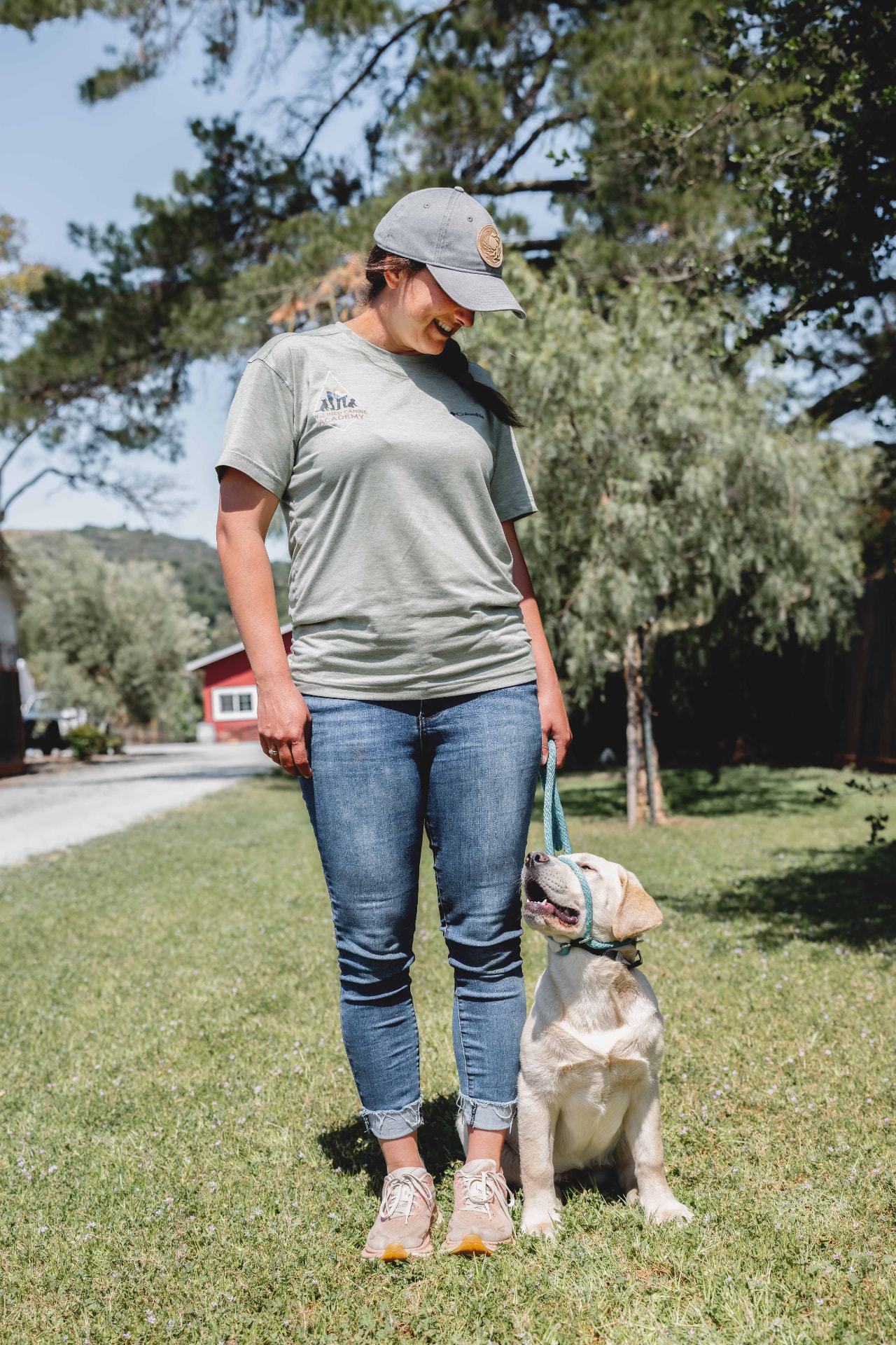 An ICA trainer working with a young Labrador puppy